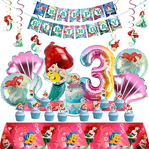 Meerjungfrau Geburtstag Deko, Meerjungfrauen Luftballon 3 Jahre, Party Luftballons Set, Meerjungfrau Kuchen Topper, Tischdecke, Happy Birthday Banner, Folienballons für Mädchen von DOCHKA