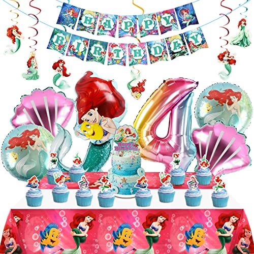 Meerjungfrau Geburtstag Deko, Meerjungfrauen Luftballon 4 Jahre, Party Luftballons Set, Meerjungfrau Kuchen Topper, Tischdecke, Happy Birthday Banner, Folienballons für Mädchen von DOCHKA