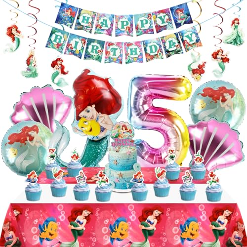 Meerjungfrau Geburtstag Deko, Meerjungfrauen Luftballon 5 Jahre, Party Luftballons Set, Meerjungfrau Kuchen Topper, Tischdecke, Happy Birthday Banner, Folienballons für Mädchen von DOCHKA