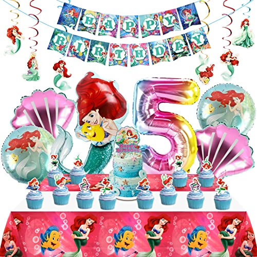 Meerjungfrau Geburtstag Deko, Meerjungfrauen Luftballon 5 Jahre, Party Luftballons Set, Meerjungfrau Kuchen Topper, Tischdecke, Happy Birthday Banner, Folienballons für Mädchen von DOCHKA