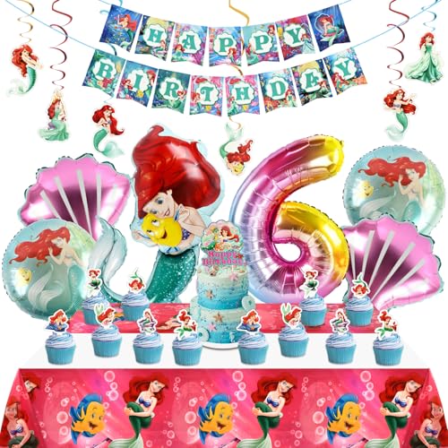 Meerjungfrau Geburtstag Deko, Meerjungfrauen Luftballon 6 Jahre, Party Luftballons Set, Meerjungfrau Kuchen Topper, Tischdecke, Happy Birthday Banner, Folienballons für Mädchen von DOCHKA