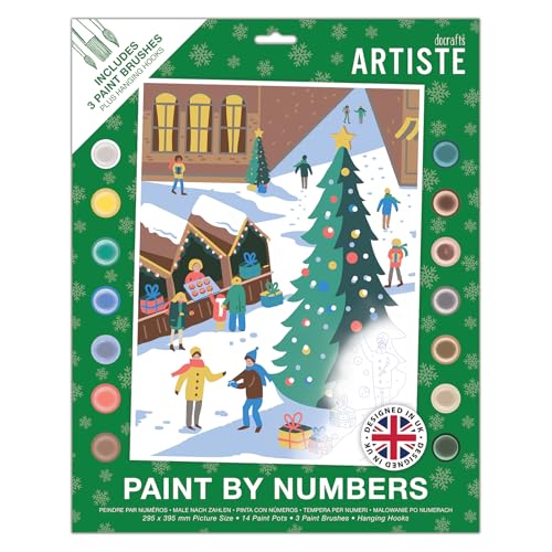 Artiste Großes Malen nach Zahlen, Weihnachtsmarkt, festlich, Weihnachtshandwerk, 395 x 295 mm, Tafel, 14 Acrylfarben, 3 Größen, Pinsel-Set für Erwachsene, Hobbys, Basteln, Zahlencodiertes Design von DOCRAFTS ARTISTE
