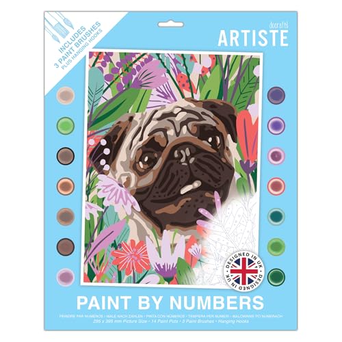 DOCRAFTS ARTISTE Großes Malen nach Zahlen, Blumenmops, Tiermalerei, Handwerk, 395 x 295 mm, Tafel, 14 Acrylfarben, 3 Größen, Pinsel-Set für Erwachsene, Hobbys, Basteln, Zahlencodiertes Design von DOCRAFTS ARTISTE