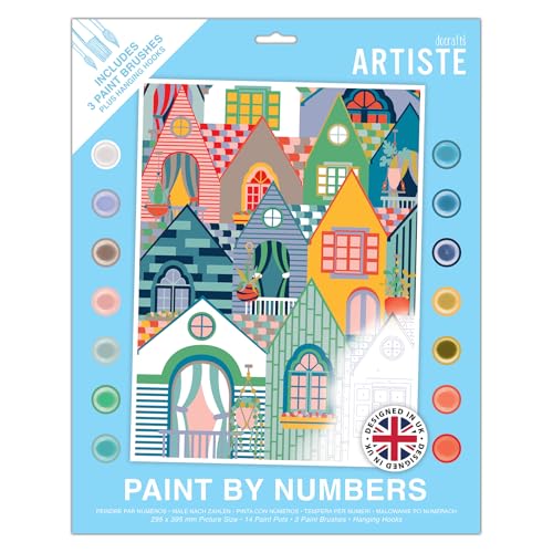 DOCRAFTS ARTISTE Großes Malen nach Zahlen, Reihenhäuser, Sommerhandwerk, 395 x 295 mm, Tafel, 14 Acrylfarben, 3 Größen, Pinsel-Set für Erwachsene, Hobbys, Basteln, Zahlencodiertes Design DOCRAFTS ARTISTE Großes Malen nach Zahlen, Reihenhäuser, Sommerhandwerk, 395 x 295 mm, Tafel, 14 Acrylfarben, 3 Größen, Pinsel-Set für Erwachsene, Hobbys, Basteln, Zahlencodiertes Design von DOCRAFTS ARTISTE
