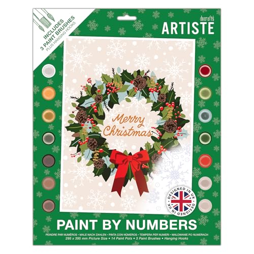 DOCRAFTS ARTISTE Großes Malen nach Zahlen, Weihnachtskranz, Weihnachtsbasteln, 395 x 295 mm, Tafel, 14 Acrylfarben, 3 Größen, Pinsel-Set, Erwachsene, Hobby-Handwerk, Zahlencodiertes Design DOCRAFTS ARTISTE Großes Malen nach Zahlen, Weihnachtskranz, Weihnachtsbasteln, 395 x 295 mm, Tafel, 14 Acrylfarben, 3 Größen, Pinsel-Set, Erwachsene, Hobby-Handwerk, Zahlencodiertes Design von DOCRAFTS ARTISTE