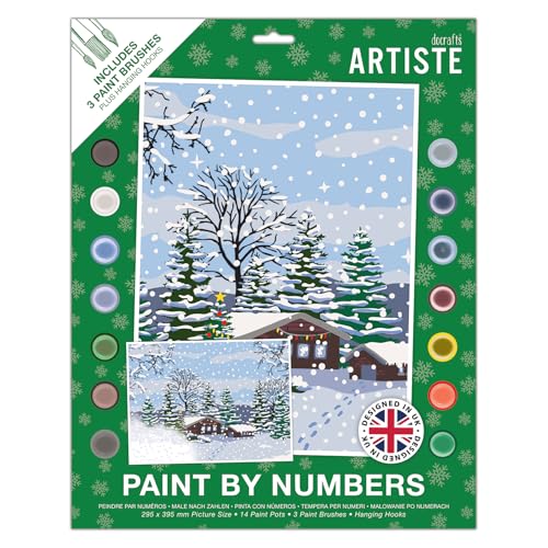 DOCRAFTS ARTISTE Großes Malen nach Zahlen, Winterhaus, Weihnachtsbasteln, 395 x 295 mm Tafel, 14 Acrylfarben, Pinsel-Set in 3 Größen, Erwachsene, Hobby-Handwerk, Zahlencodiertes Design von DOCRAFTS ARTISTE