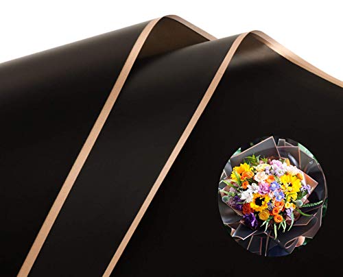 DODXIAOBEUL 20 Blatt Phnom Penh Blumen-Geschenkpapier, wasserdichtes Floristen-Bouquet-Papier, DIY-Handwerk, einfarbige Farben, 58,4 x 58,4 cm (goldener Rand, schwarz) von DODXIAOBEUL