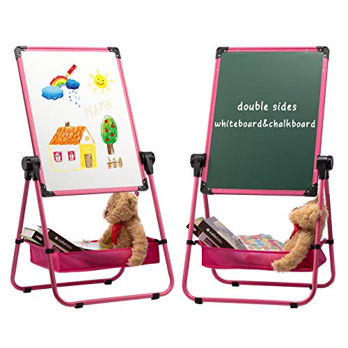 DOEWORKS Kinder Staffelei Magnetische Whiteboard U-Ständer, Doppelseitiges Whiteboard & Kreidetafel Schreibbrett mit Zubehör, Kinder Tafel Höhenverstellbar & 360°Rotation, Rosa von DOEWORKS