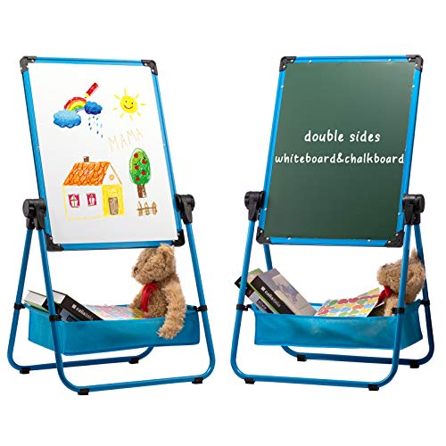 DOEWORKS Kinder Whiteboard Doppelseitiges Staffelei Kinder Whiteboard & Kreidetafel, Magnetische Whiteboard mit Komplett-Set Höhenverstellbar und 360 ° Drehbar, Blau von DOEWORKS