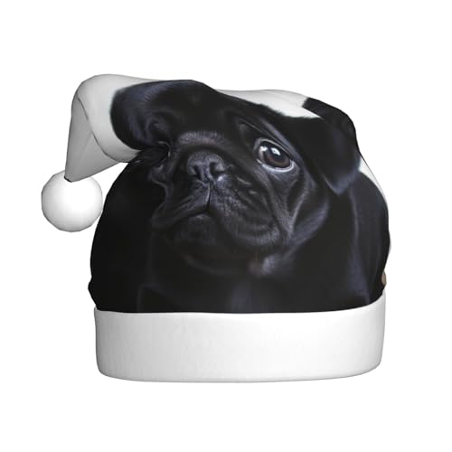 DOFFO Weihnachtsmütze, niedlicher schwarzer Mops, bedruckt, Plüsch, lustige Weihnachtsmütze für Erwachsene, niedliche Weihnachtsmütze für Neujahr, festliche Party von DOFFO
