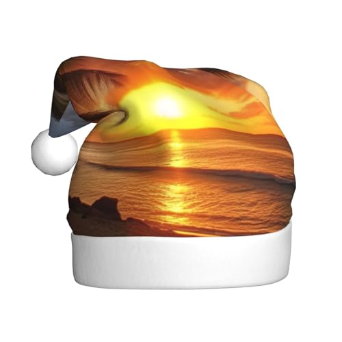 DOFFO Weihnachtsmütze Sonnenuntergang Hawaiianische Palme Gedruckt Plüsch Lustige Weihnachtsmütze Für Erwachsene Nette Xmas Hut Für Neujahr Festliche Party von DOFFO