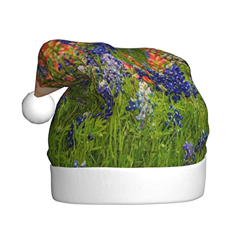 DOFFO Weihnachtsmütze Texas Bluebonnets Landschaft Gedruckt Plüsch Lustige Weihnachtsmütze Für Erwachsene Nette Xmas Hut Für Neujahr Festliche Party von DOFFO