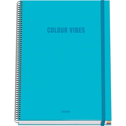 DOHE - Kariertes A4-Heft - 100 Blatt, 90 g/m² Stärke, Größe 22,8x30 cm, Hardcover, Ringverschluss und Gummiband, 5 mm Karos, Schulmaterial - COLOUR VIBES Cyan von DOHE