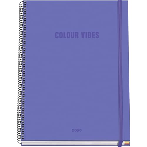 DOHE - Kariertes A4-Heft - 100 Blatt, 90 g/m² Stärke, Größe 22,8x30 cm, Hardcover, Ringverschluss und Gummiband, 5 mm Karos, Schulmaterial - COLOUR VIBES Lila von DOHE