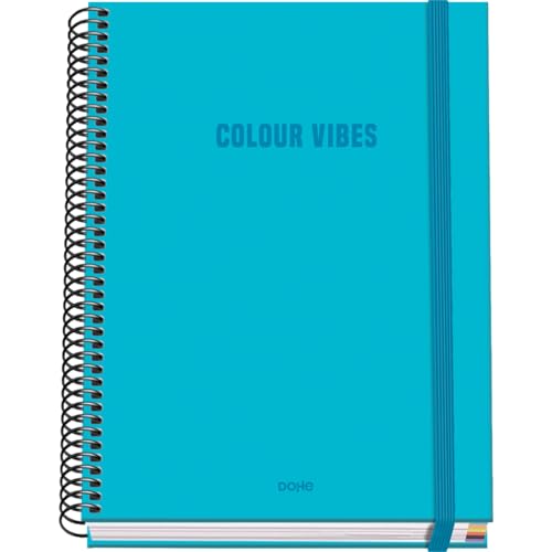 DOHE - Kariertes A5-Heft - 100 Blatt, 90 g/m² Stärke, Größe 16,2x21 cm, Hardcover, Ringverschluss und Gummiband, 5 mm Karos, Schulmaterial - COLOUR VIBES Cyan von DOHE