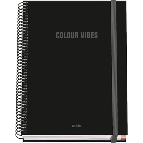 DOHE - Kariertes A5-Heft - 100 Blatt, 90 g/m² Stärke, Größe 16,2x21 cm, Hardcover, Ringverschluss und Gummiband, 5 mm Karos, Schulmaterial - COLOUR VIBES Schwarz von DOHE