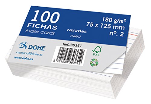 Dohe 30361 Packung mit 100 Karteikarten, Papier liniert, weißer Fotokarton, 180 g, Nr. 2, 75 x 125 mm von DOHE