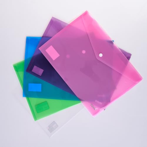 Dohe - Dokumententaschen aus Kunststoff mit Druckknopfverschluss (5 Stück) – Dokumententaschen in 5 Farben, 33,5 x 23,5 cm, transparentes Polypropylen 150 Mikron – Büromaterial von DOHE