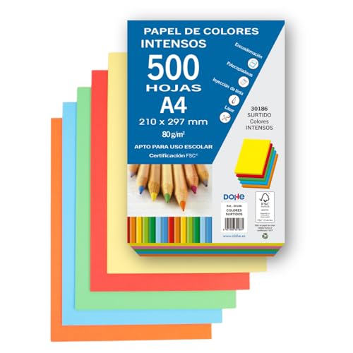 Dohe - Farbintensive Blätter (500 Stück), 5 verschiedene Farben, A4-Papier (21 x 29,7 cm), Dicke 80 g/m², Blätter zum Drucken, Zeichnen, Basteln, Dekoration, Binden von DOHE