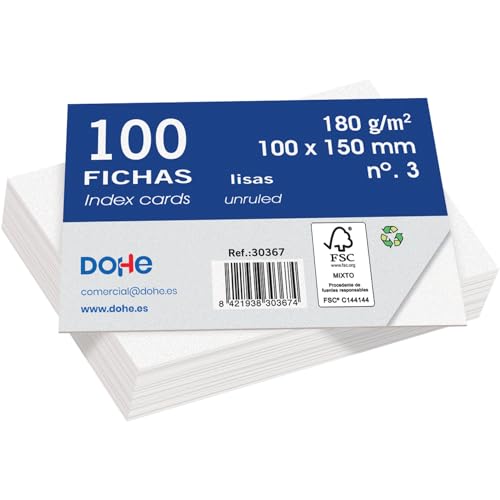 Dohe Glatte Karteikarten aus Karton, 100 Stück, Notizkarten, Größe A6 (15 x 10 cm), 180 g/m², Nr. 3, Büromaterial, Weiß von DOHE