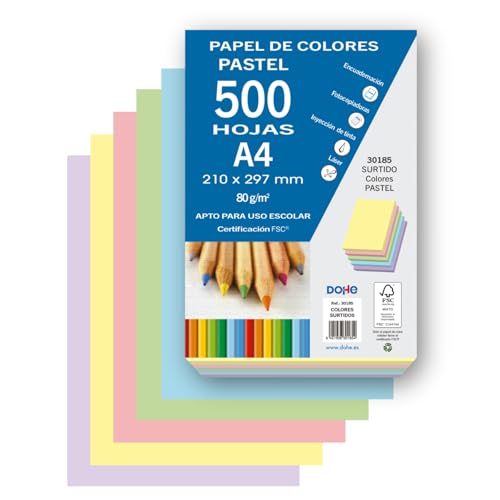 Dohe Pastellfarbene Blätter (500 Stück) – 5 verschiedene Farben, A4-Papier (21 x 29,7 cm), Dicke 80 g/m², Blätter zum Drucken, Zeichnen, Basteln, Dekoration, Binden von DOHE