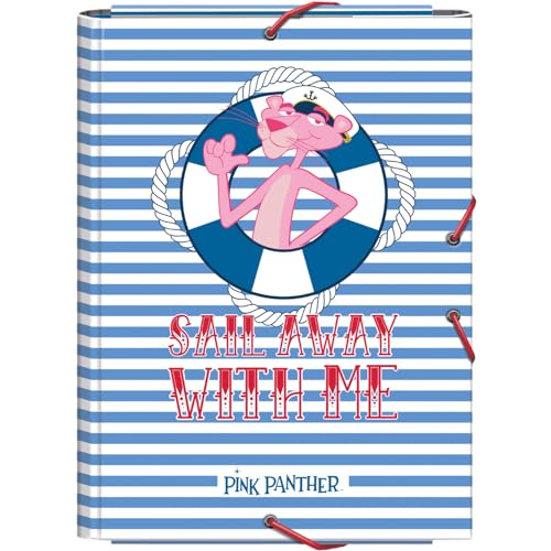 Dohe - Schulordner mit Klappen und Gummibändern - Foliogröße 26,5 x 35 cm, Kapazität 100 Blätter, fester Kartondeckel, Schulmappe mit Schulbedarf - Pink Panther Sailing von DOHE