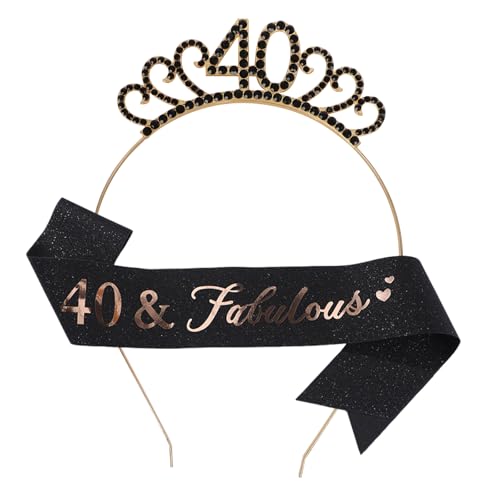 DOINEUFL 40 Geburtstag Schärpe und Krone für Frauen, 40 & Fabulous Schärpe und Schwarz Kristall Tiara, 40 Geburtstag Dekoration Geschenk für Frauen von DOINEUFL