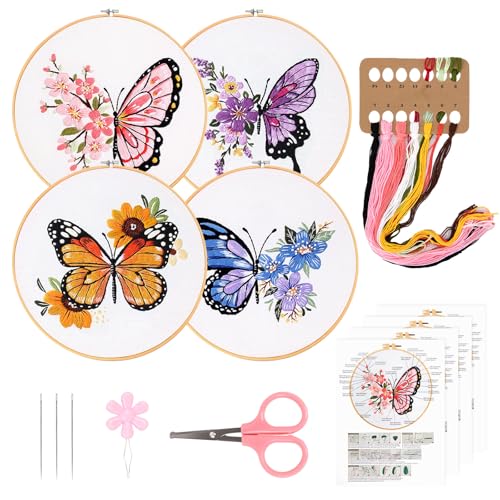 DOINEUFL Sticksets für Erwachsene, Kreuzstich-Sets für Erwachsene Anfänger, 4 Sets Schmetterlings-Stickmuster Starter-Kit mit Reifen und Werkzeug, Erwachsenen-Kreuzstich-Geschenk für Wanddekoration von DOINEUFL