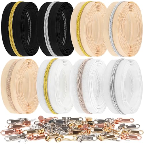 DOITEM 16 m Endlos Reißverschluss Meterware Schwarzes weißes khaki Reissverschluss 6mm-Spirale + 32 Nonlock-Zipper (Roségold Silber Gold Teeth) von DOITEM