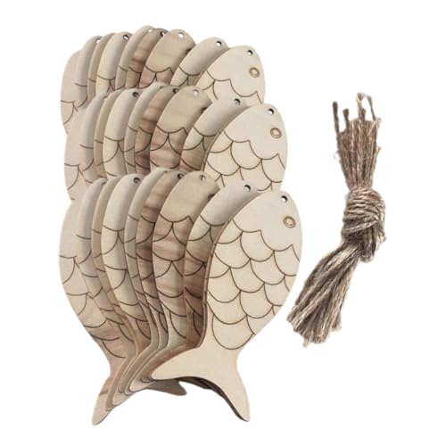 DOITOOL 1 Satz Fischschmuck aus Holz Fisch Dekorationen geschnitzt Stichworte ausgeschnitten Tiere hängende Verzierung Name Holzhandwerk DIY leere unfertige Holzausschnitte Hanfseil Beige von DOITOOL