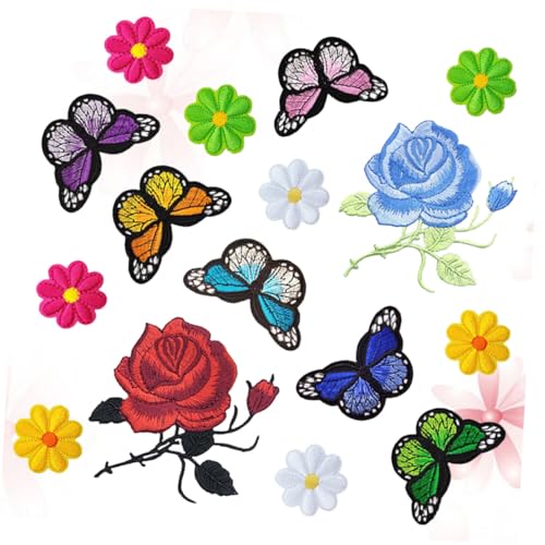 DOITOOL 16 Stck Teiliges Blumen Bügelflicken mit Rosen und Schmetterlingen Bestickte Applikationen aus Hochwertigem Stickstoffstoff Vielseitig für Jeans Taschen Hüte und DIY Kleidung von DOITOOL