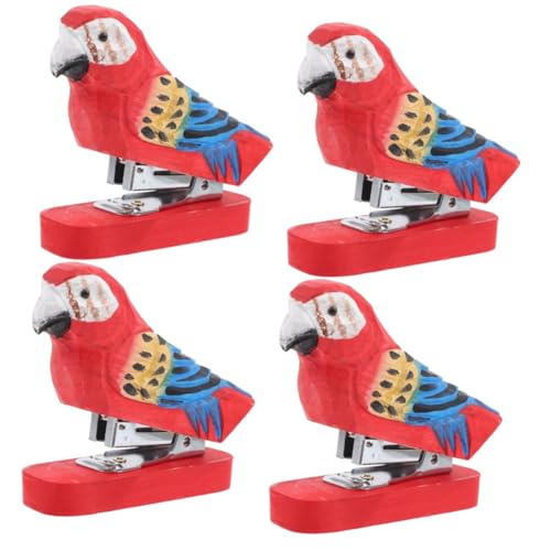 DOITOOL 4 Stück Holz Tier Stapler Handgefertigter Kreativer Bürohefter für Dokumente Dekoratives Accessoire Stabil und Langlebig für Erwachsene Rote Papageien Design von DOITOOL