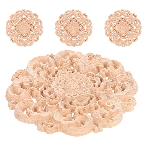 DOITOOL 4 Stück Holzapplikationen: Runde, geschnitzte Onlay-Applikation aus Holz – unbemaltes Blumenmuster, Holzdekoration für Möbel, Türen, Wände, Kommoden, Schrankverzierungen von DOITOOL
