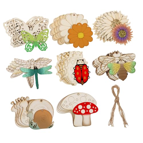 DOITOOL 40Stücke Holzformen zum Basteln Unvollendete Holztiere und DIY Malerei Hängende Holzscheiben mit Juteseilen für Projekte und Heimdekoration von DOITOOL