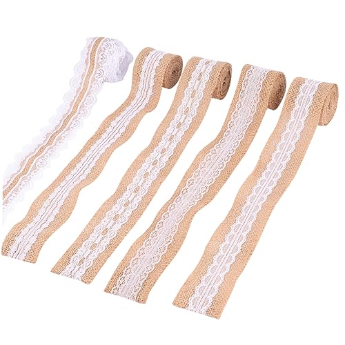 DOITOOL 5 Rollen Leinenband mit Spitze Dekoratives Juteband für Hochzeit Deko Vielseitiges Bastelband für Diy Projekte Geschenkverpackung Tischdeko und Party Zubehör von DOITOOL