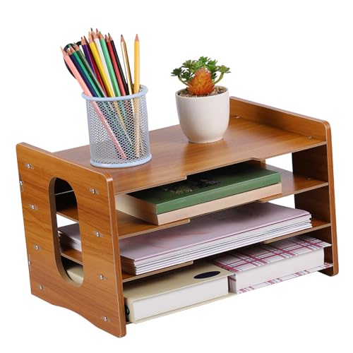 DOITOOL Papierablage Organizer aus Holz Stufiger Schreibtisch Organizer für Dokumente Briefe und Bürobedarf Stilvoller Aktenordner mit Großer Kapazität für Effiziente Büroorganisation von DOITOOL