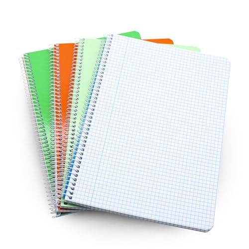 DOJA Barcelona | Notizbuch A5 | Notizheft A5 kariert mit Softcover | 4er Pack | 210x148mm | 80 Blätter | 4x4 mm | Farbige Notizbücher | Ringbuch weicher Einband, Spiralblock, A5 Zufällige Farben von DOJA Barcelona