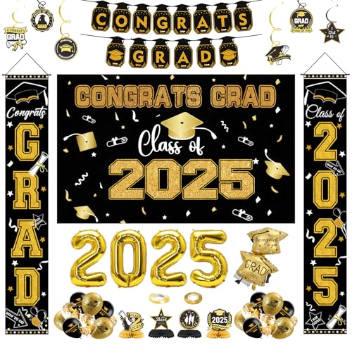 DOKKOME Abschlussdekorationen Klasse 2025 – Schwarz und Gold Abschlussfeier Zubehör enthalten Hintergrund, Banner, hängende Wirbel, Veranda-Schild, Luftballons, Foliennummer 2025 für Congrats Grade DOKKOME Abschlussdekorationen Klasse 2025 – Schwarz und Gold Abschlussfeier Zubehör enthalten Hintergrund, Banner, hängende Wirbel, Veranda-Schild, Luftballons, Foliennummer 2025 für Congrats Grade von DOKKOME