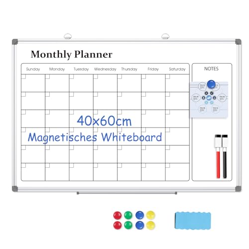 DOLLAR BOSS Magnettafel Monatlich Kalender Whiteboard, 40 x 60cm Magnetische weiße Tafel für Wandaufhängung, 2 Stifte, 1 Stiftablage Radiergummi von DOLLAR BOSS