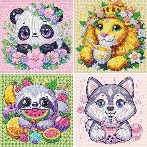 DOMROM 4er Set Diamond Painting Kinder, Niedliche Tiere 5D Full Diamant Painting Bilder Löwe Faultier Panda Bastelset Edelsteinkunst Mädchen Junge Geschenke 6 7 8 9 10 11 12 Jahre, 15x15cm von DOMROM
