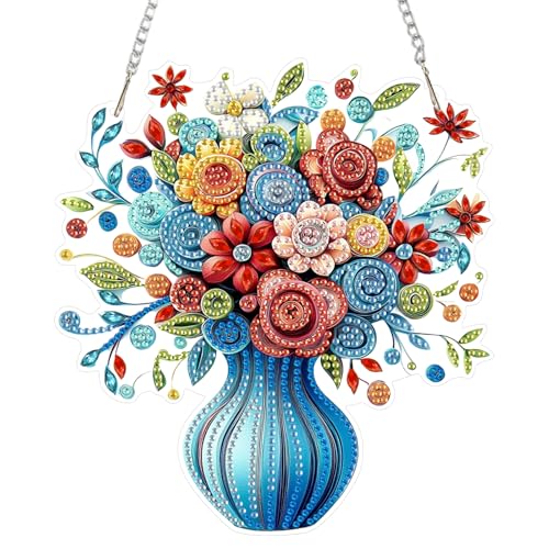 DOMROM Blumen Diamond Art Painting Anhänger, Vase Diamond Painting Fensterbilder anhänger, Diamond Painting Hängende Ornament für Kinder Erwachsene Diamant Malerei Basteln Tür Wand Fenster Deko von DOMROM
