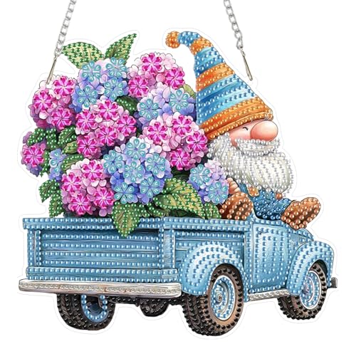DOMROM Diamond Art Painting Anhänger, Gnome Diamond Painting Fensterbilder anhänger, Lastwagen Diamond Painting Hängende Ornament Erwachsene Blumen Diamant Malerei Basteln Tür Wand Fenster Deko von DOMROM