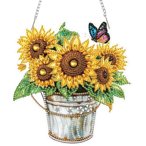 DOMROM Diamond Art Painting Anhänger, Sonnenblume Diamond Painting Fensterbilder anhänger, Eimer Diamond Painting Hängende Ornament für Kinder Erwachsene Diamant Malerei Basteln Tür Fenster Deko von DOMROM