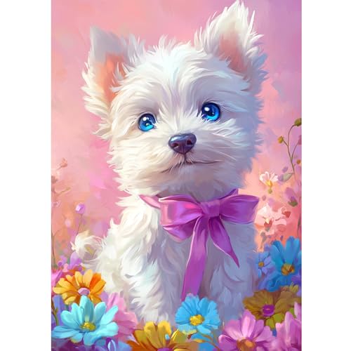 DOMROM Diamond Painting, Süßer Hund Diamond Painting Erwachsene Kinder Blumen Diamond Painting Set, Tier Diamant Malerei Kit Diamond Art Erwachsene für Home Wand Dekor 30x40cm von DOMROM