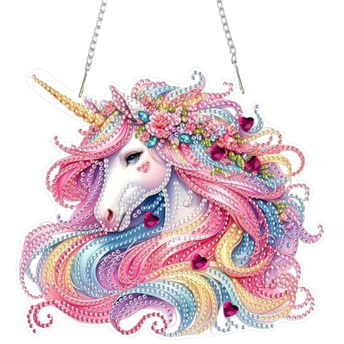 DOMROM Einhorn Diamond Art Painting Anhänger, Bunt Diamond Painting Fensterbilder Anhänger, Diamond Painting Hängende Ornament für Kinder Erwachsene Diamant Malerei Basteln Tür Wand Fenster Deko von DOMROM