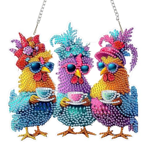 DOMROM Huhn Diamond Art Painting Anhänger, Diamond Painting Fensterbilder anhänger, Diamond Painting Hängende Ornament für Kinder Erwachsene Diamant Malerei Basteln Tür Wand Fenster Deko von DOMROM