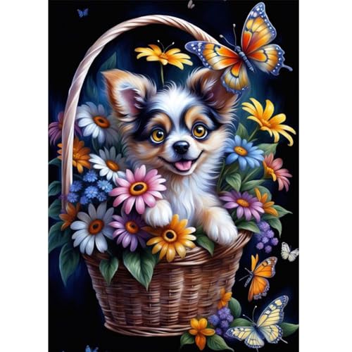 DOMROM Hund Diamond Painting, Blumen Diamant Painting Bilder Erwachsene, Tier Diamant Malerei Kits Kinder 5D Diamant Art Painting Strass Stickerei Malerei Painting Set für Home Décor 30x40cm von DOMROM