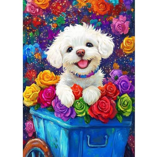 DOMROM Hund Diamond Painting, Bunte Blumen Diamond Painting Erwachsene Kinder Diamond Painting Set, Tier Diamant Malerei Kit Diamond Art Erwachsene für Home Wand Dekor 30x40cm von DOMROM