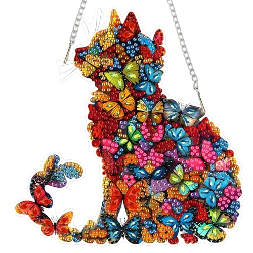 DOMROM Katze Diamond Art Painting Anhänger, Schmetterling Diamond Painting Fensterbilder anhänger, Diamond Painting Hängende Ornament Kinder Erwachsene Diamant Malerei Basteln Tür Wand Fenster Deko von DOMROM