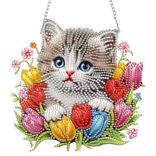 DOMROM Katze Diamond Art Painting Anhänger, Tulpe Diamond Painting Fensterbilder anhänger, Diamond Painting Hängende Ornament für Kinder Erwachsene Diamant Malerei Basteln Tür Wand Fenster Deko von DOMROM